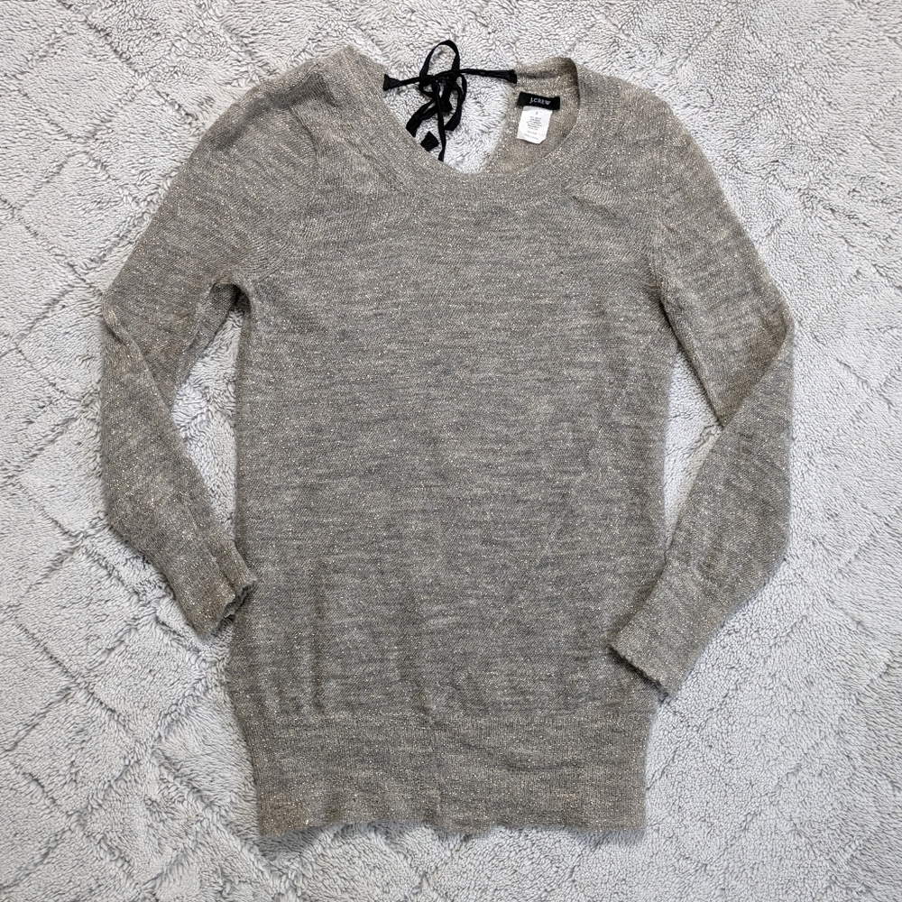 J. Crew Sweater Women's Small Gray Alpaca Wool Metallic Silk Neck Tie